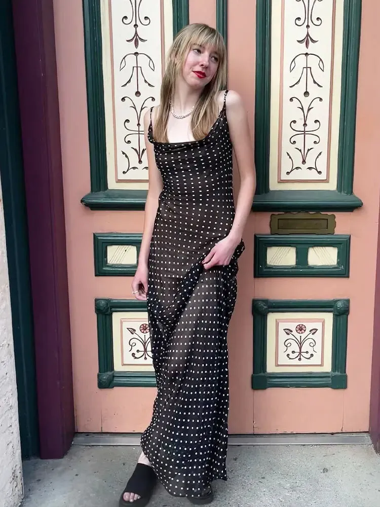 Black Polka Dots See Through Spaghetti Strap Maxi Dress