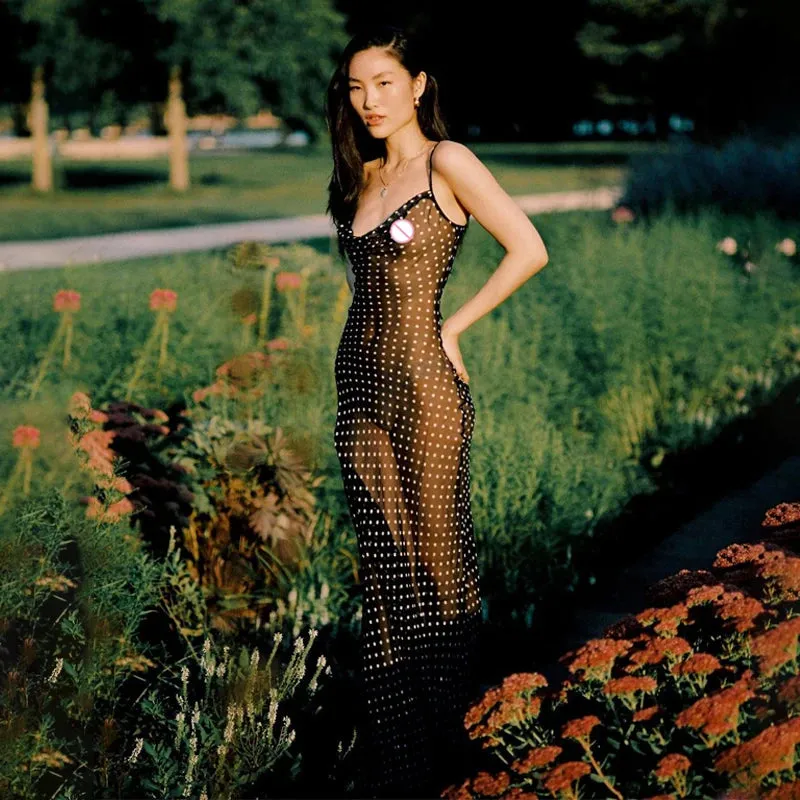 Black Polka Dots See Through Spaghetti Strap Maxi Dress