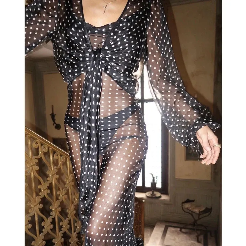 Black Polka Dots See Through Spaghetti Strap Maxi Dress