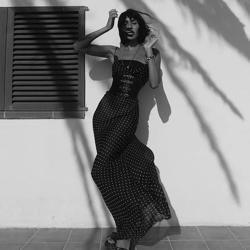 Black Polka Dots See Through Spaghetti Strap Maxi Dress