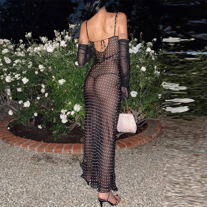 Black Polka Dots See Through Spaghetti Strap Maxi Dress