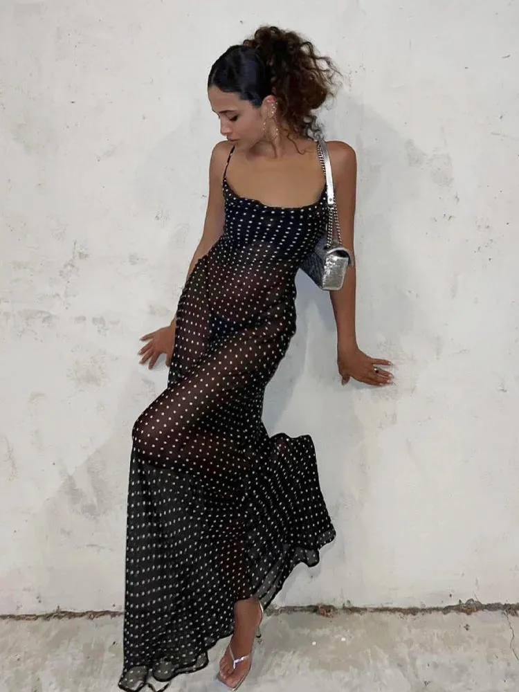 Black Polka Dots See Through Spaghetti Strap Maxi Dress