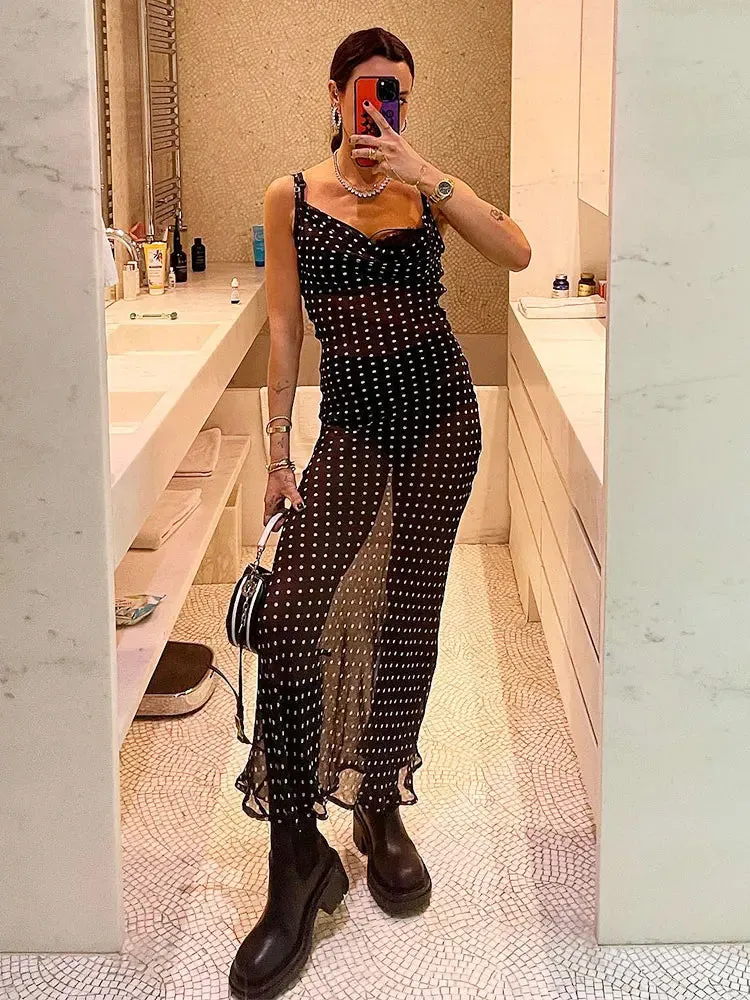 Black Polka Dots See Through Spaghetti Strap Maxi Dress