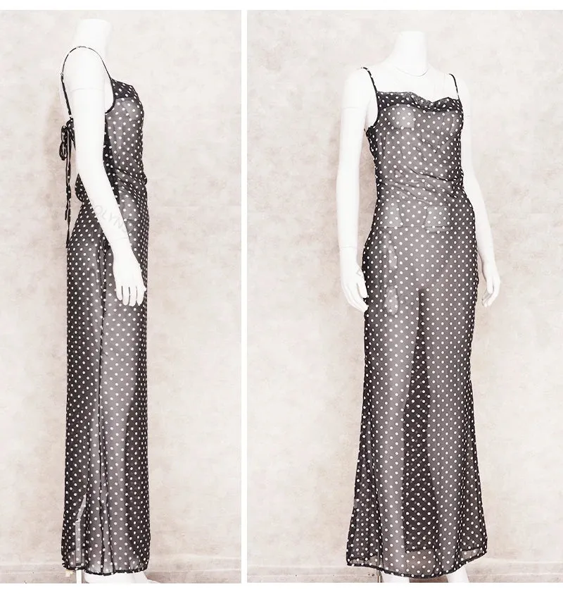 Black Polka Dots See Through Spaghetti Strap Maxi Dress