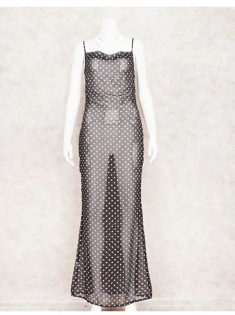 Black Polka Dots See Through Spaghetti Strap Maxi Dress