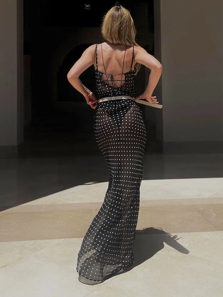 Black Polka Dots See Through Spaghetti Strap Maxi Dress