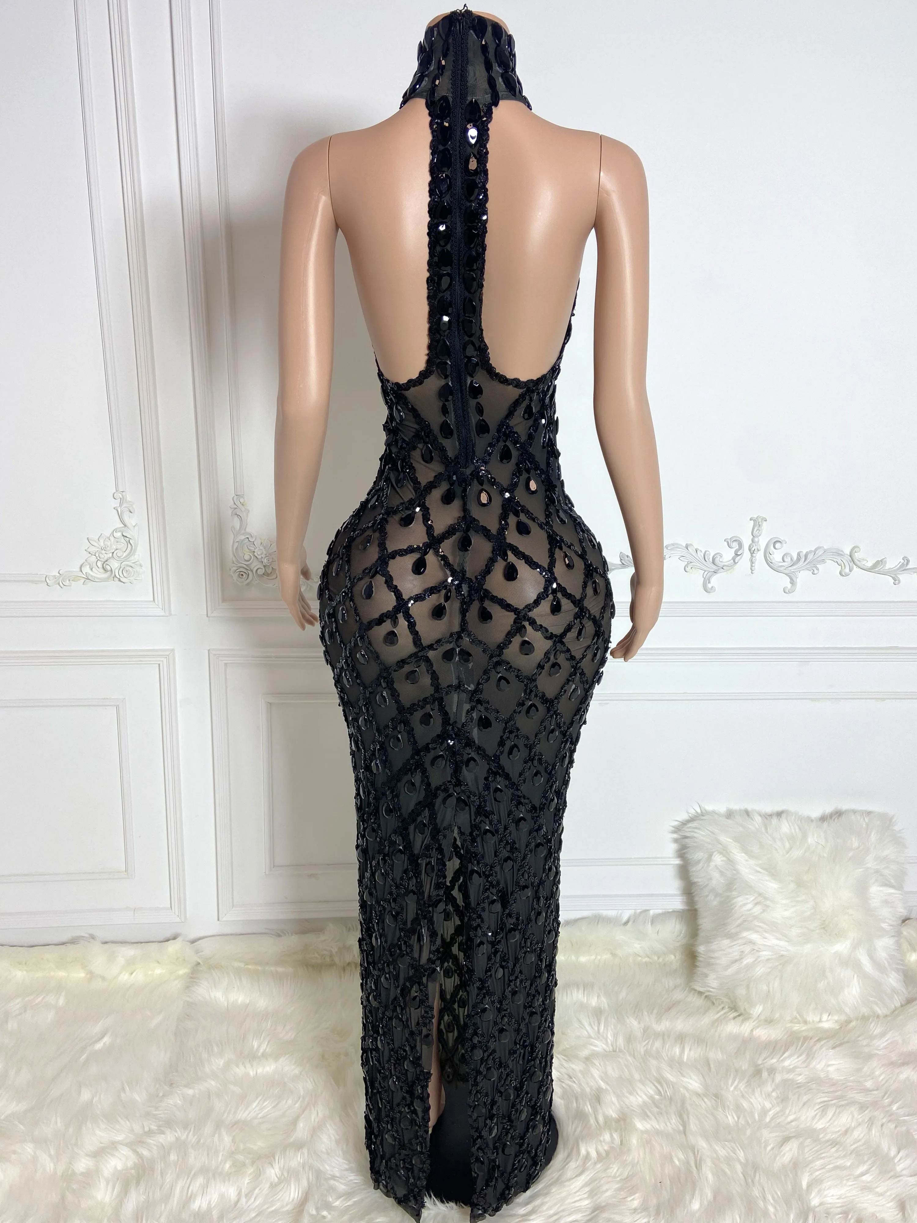 Black See Through and Big Rhinestone Sleeveless Long Dress