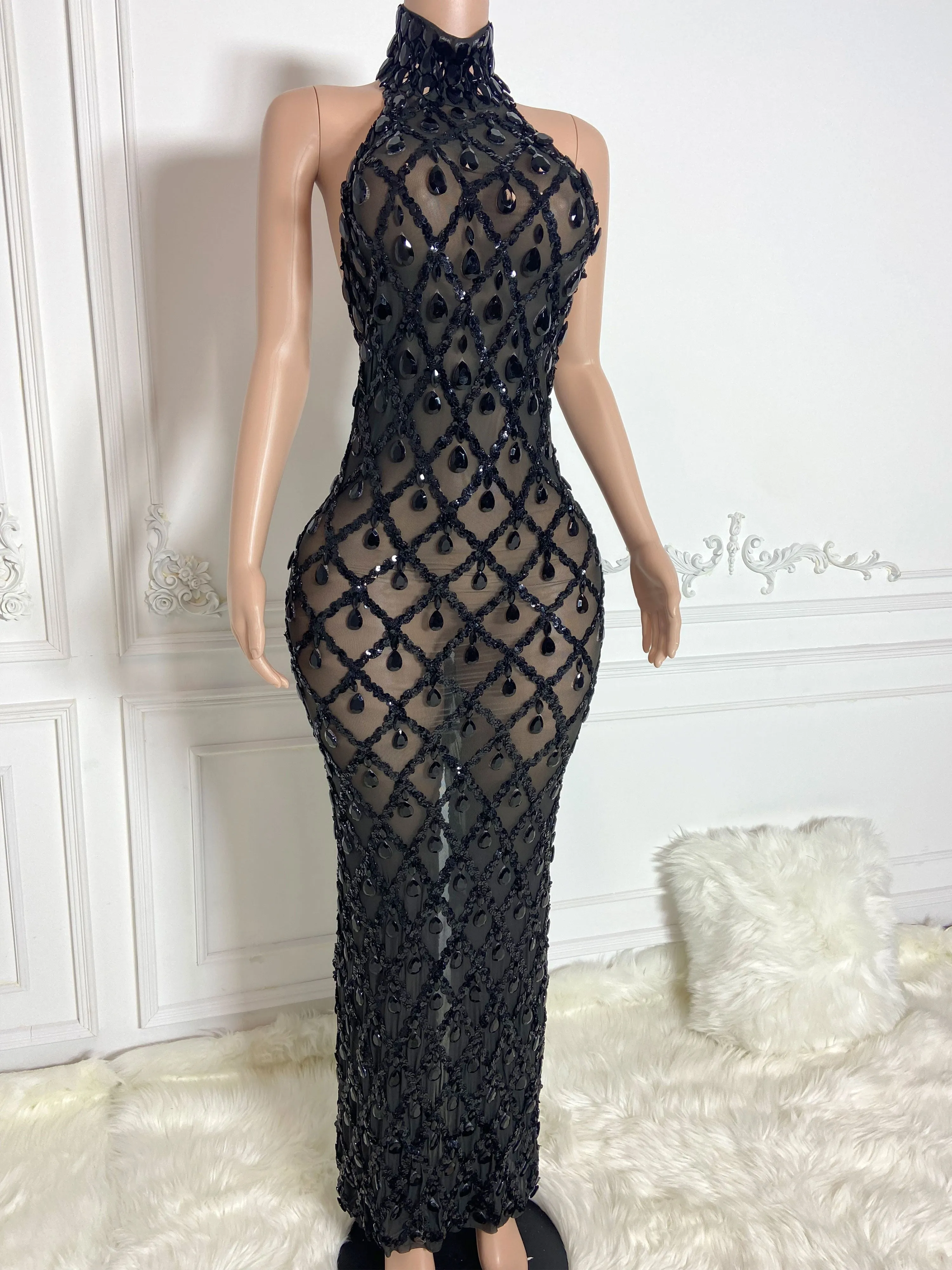 Black See Through and Big Rhinestone Sleeveless Long Dress