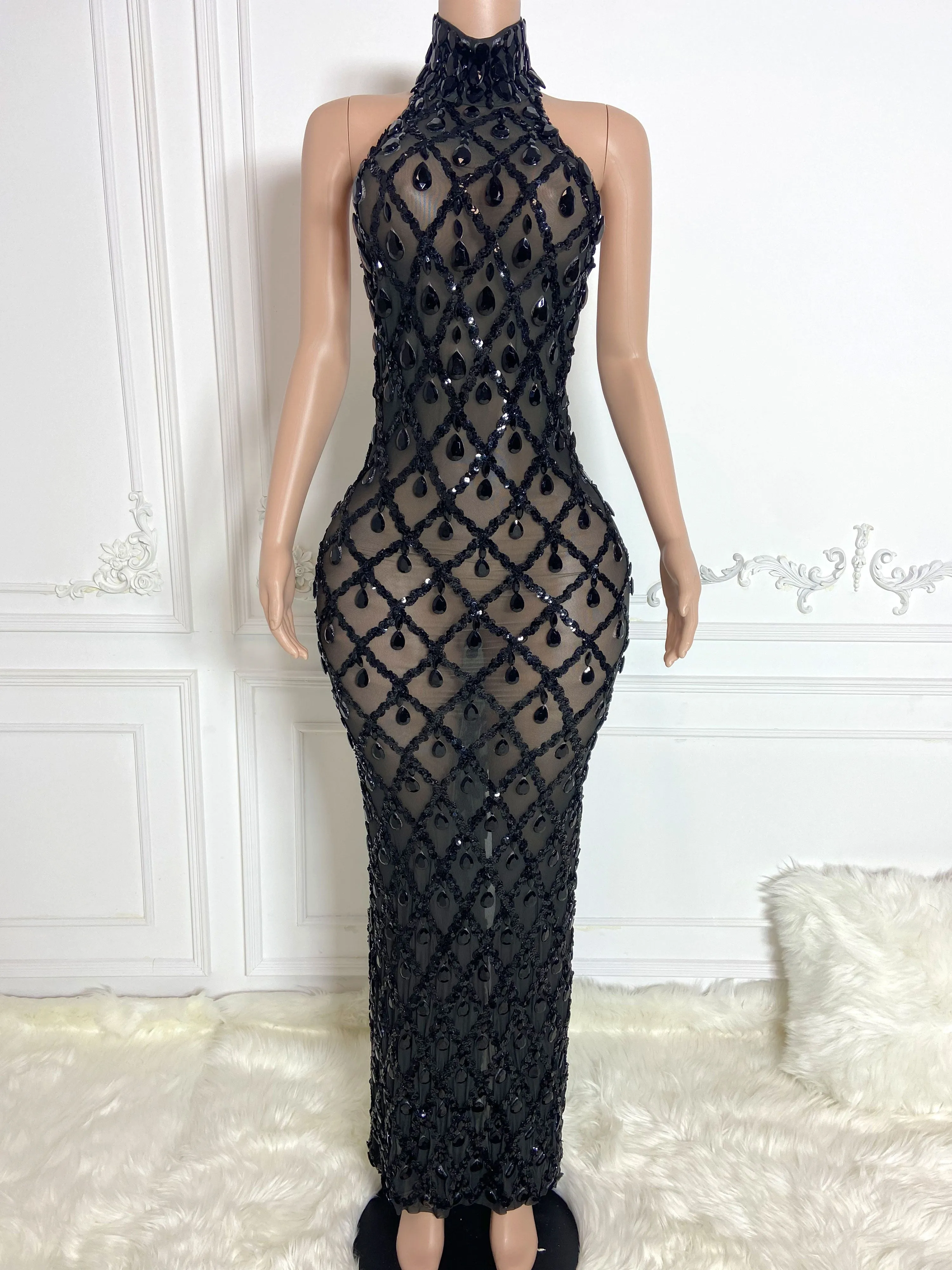 Black See Through and Big Rhinestone Sleeveless Long Dress