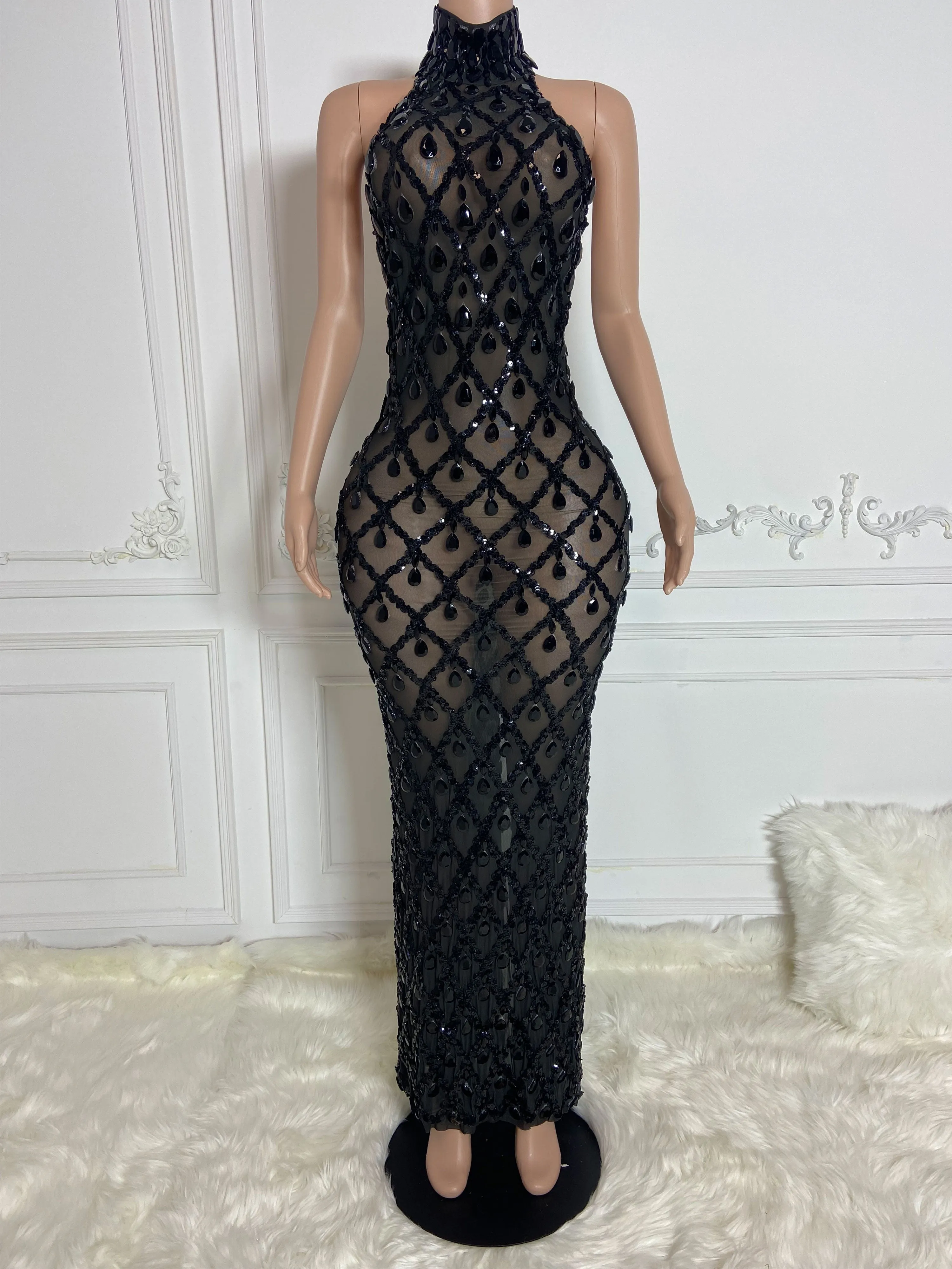 Black See Through and Big Rhinestone Sleeveless Long Dress