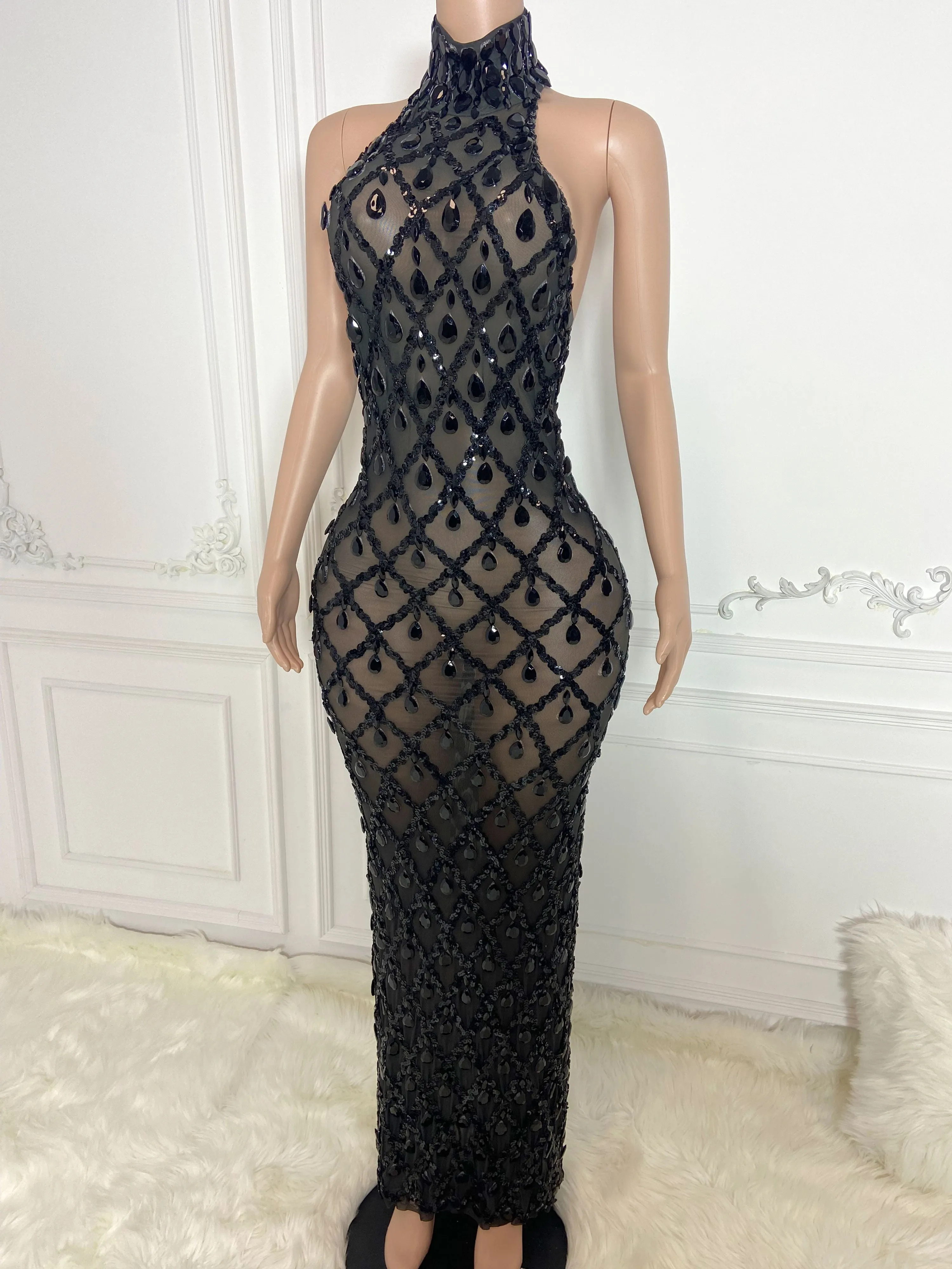 Black See Through and Big Rhinestone Sleeveless Long Dress