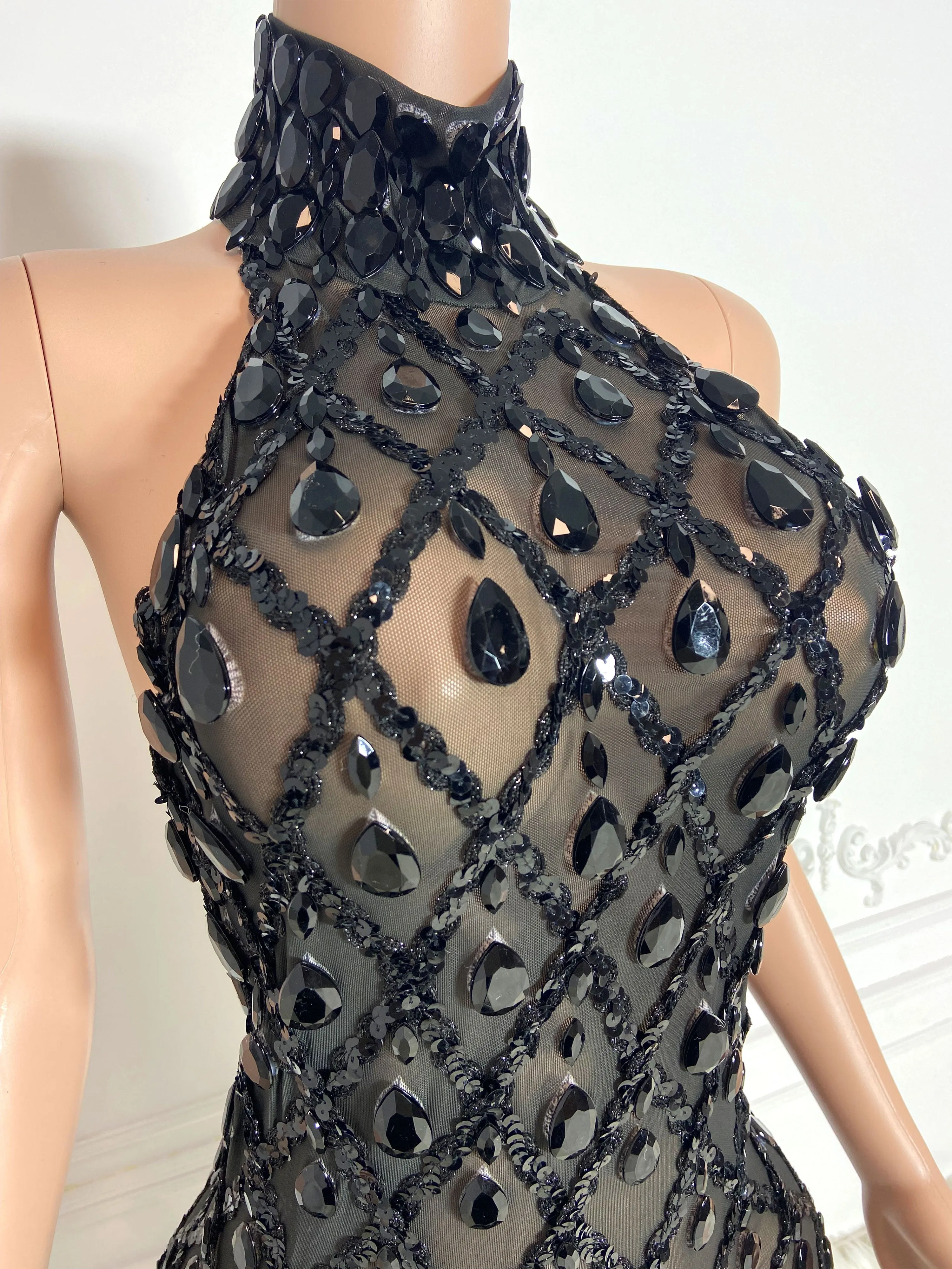 Black See Through and Big Rhinestone Sleeveless Long Dress