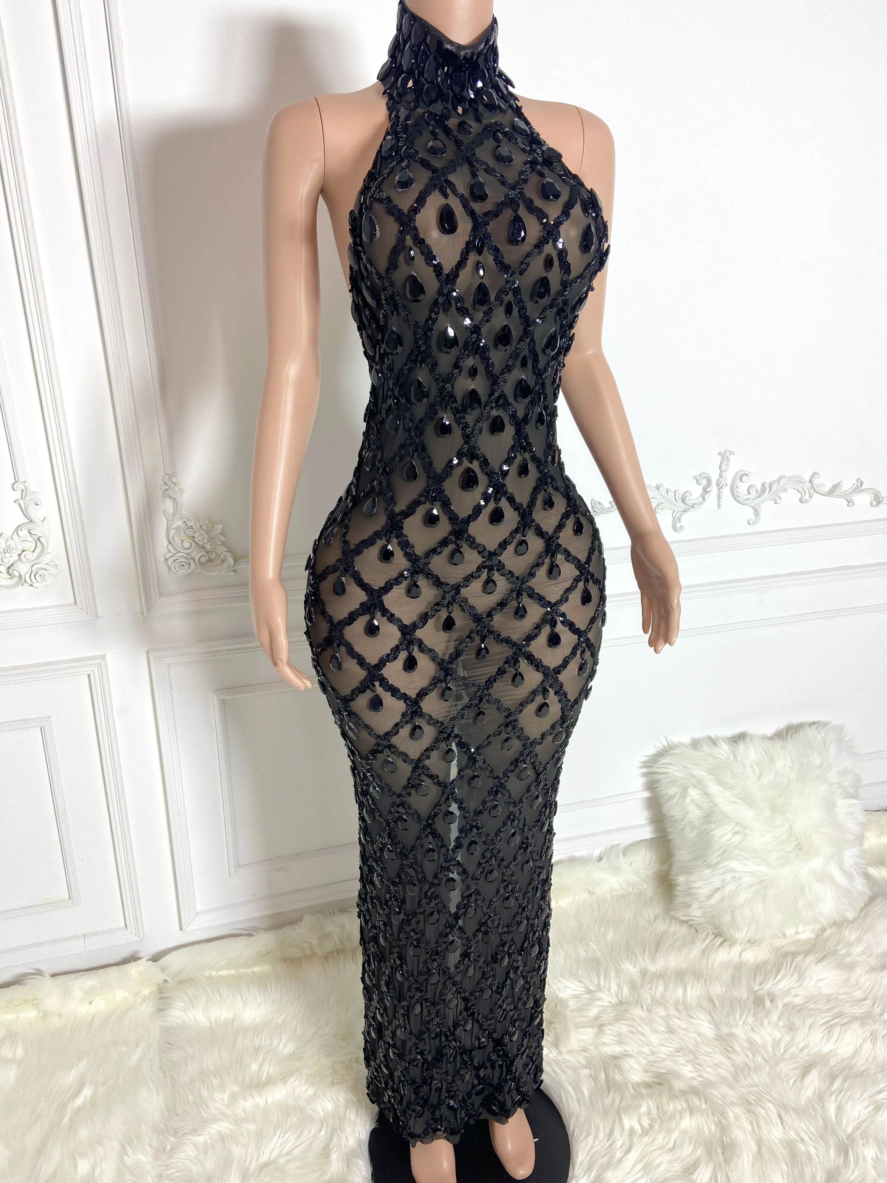 Black See Through and Big Rhinestone Sleeveless Long Dress