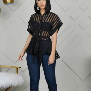 BLACK STRIPED SEE THROUGH BLOUSE