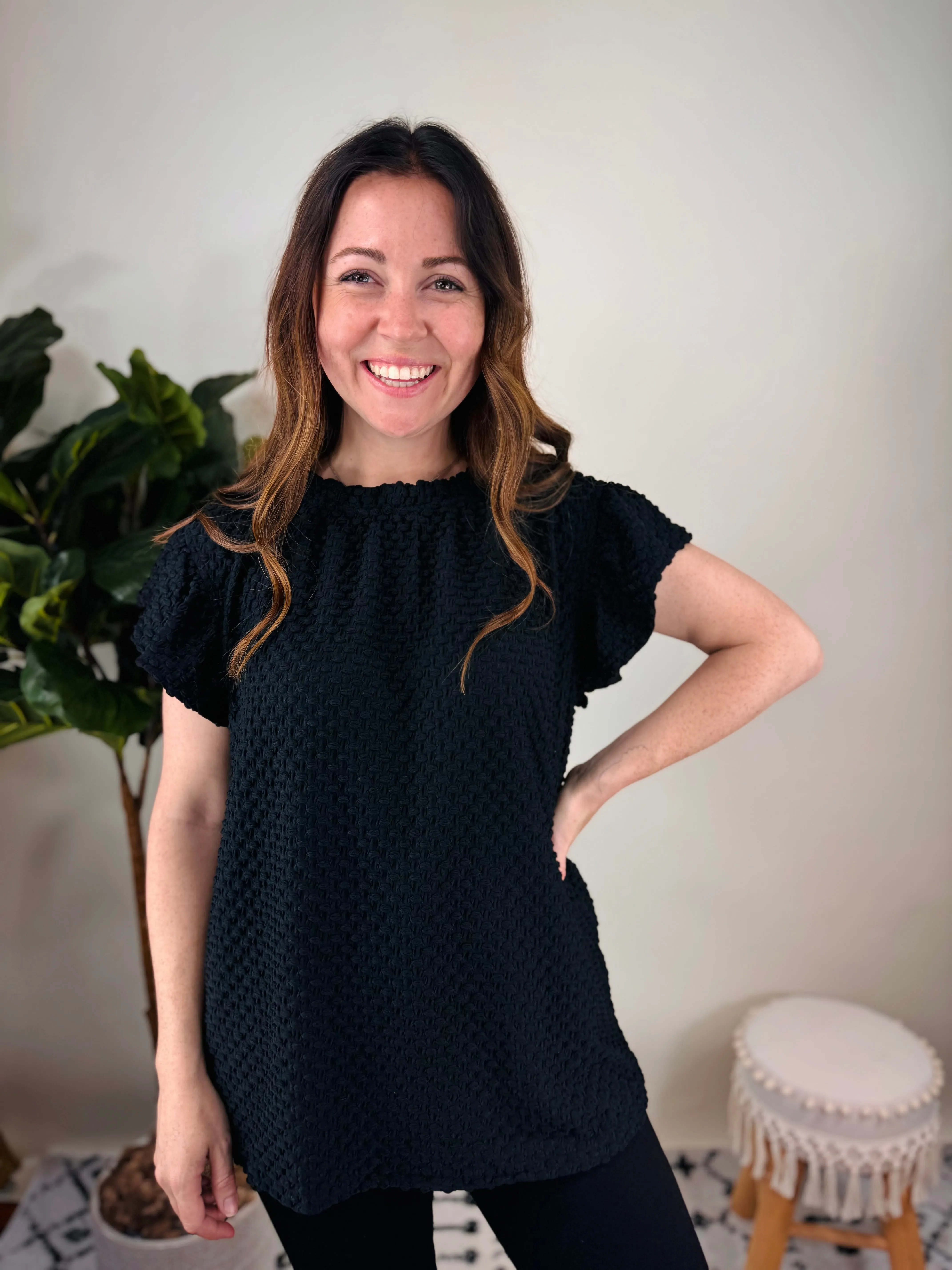 Black Textured Ruffle Neck Top