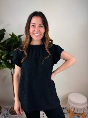 Black Textured Ruffle Neck Top
