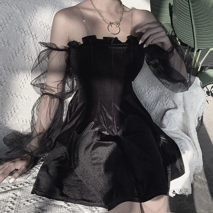 Black Velvet Sexy Tulle See Through High Waist Pleated Dress J20007