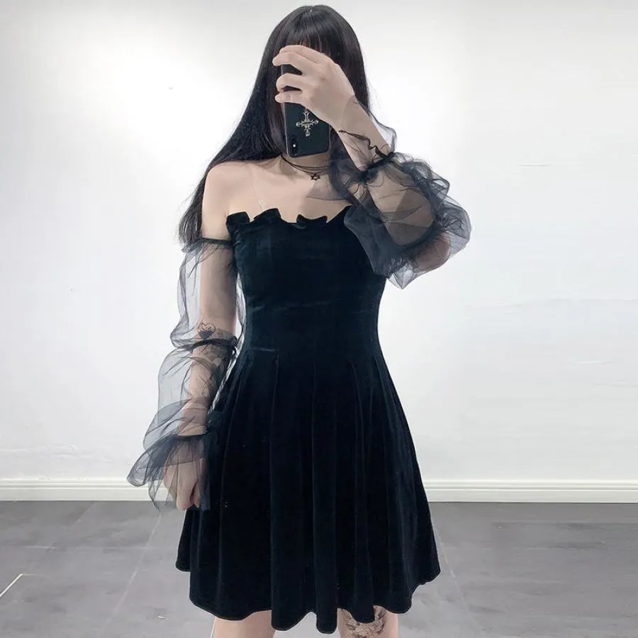 Black Velvet Sexy Tulle See Through High Waist Pleated Dress J20007
