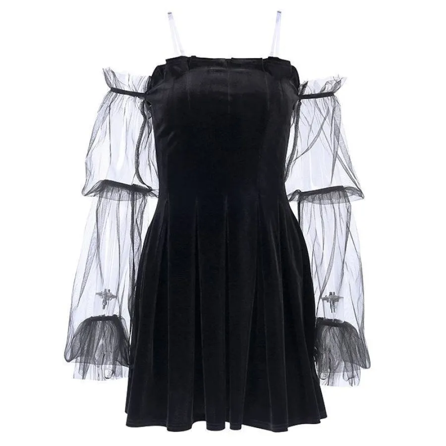 Black Velvet Sexy Tulle See Through High Waist Pleated Dress J20007