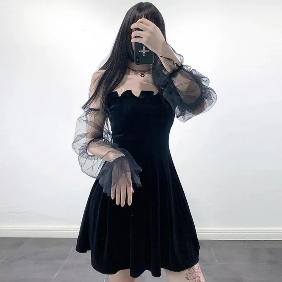 Black Velvet Sexy Tulle See Through High Waist Pleated Dress J20007