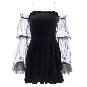 Black Velvet Sexy Tulle See Through High Waist Pleated Dress J20007