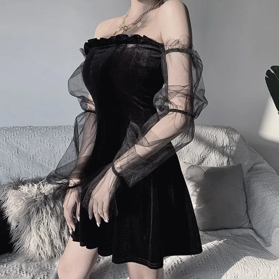 Black Velvet Sexy Tulle See Through High Waist Pleated Dress J20007