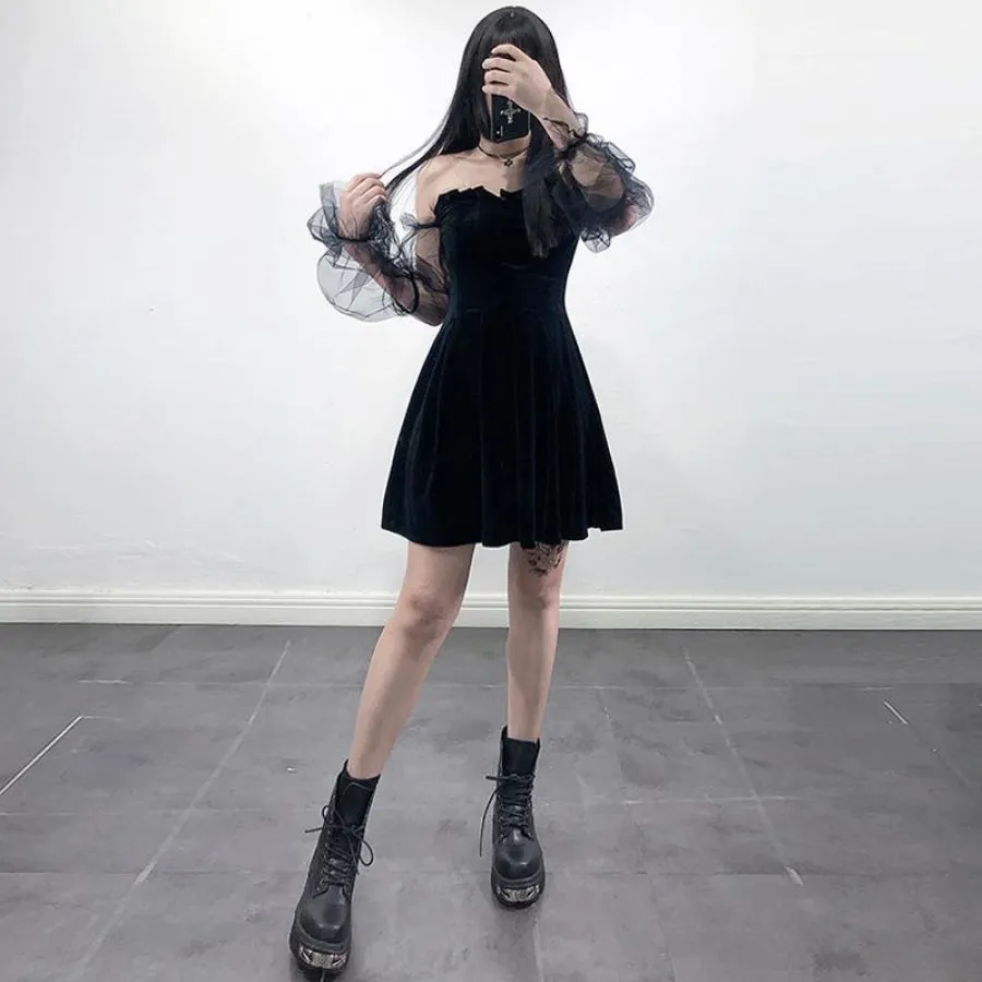 Black Velvet Sexy Tulle See Through High Waist Pleated Dress J20007