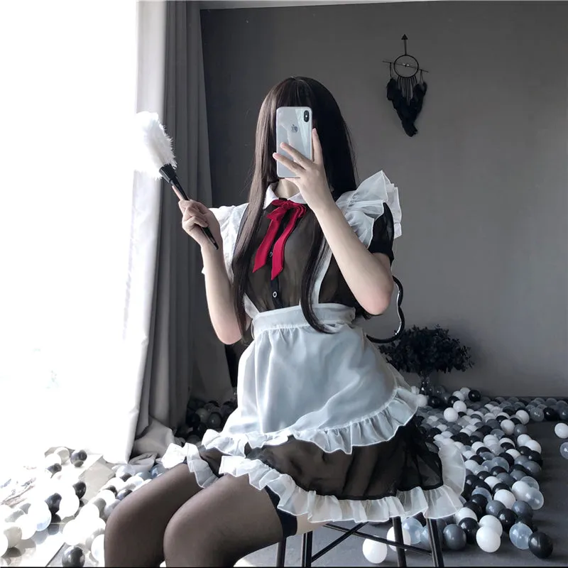 BLACK WHITE MESH SEE-THROUGH MAID OUTFIT UB2782