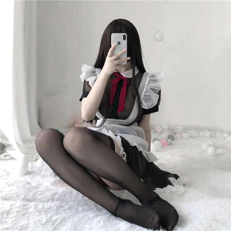BLACK WHITE MESH SEE-THROUGH MAID OUTFIT UB2782