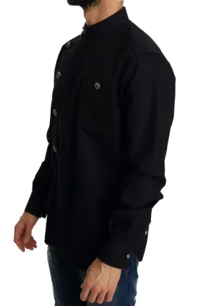 Blue Cotton Casual Silver Buttons Shirt