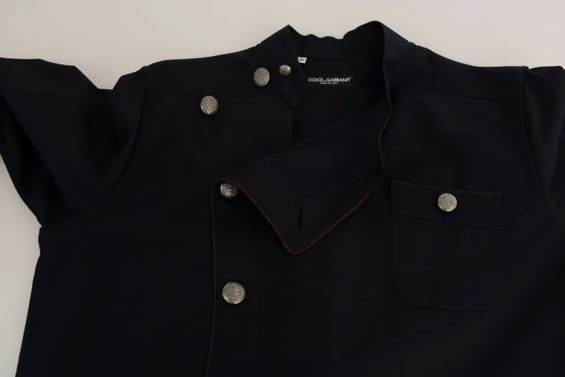 Blue Cotton Casual Silver Buttons Shirt