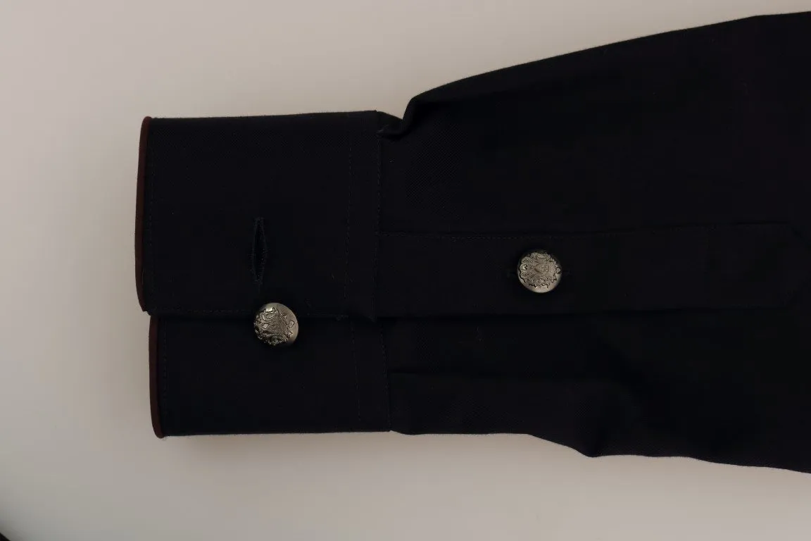 Blue Cotton Casual Silver Buttons Shirt