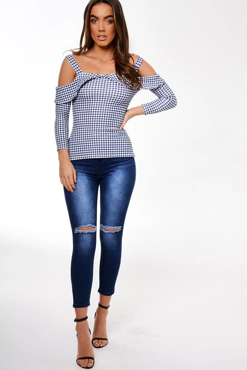 Blue Cut Shoulder Checked Top - Lucie