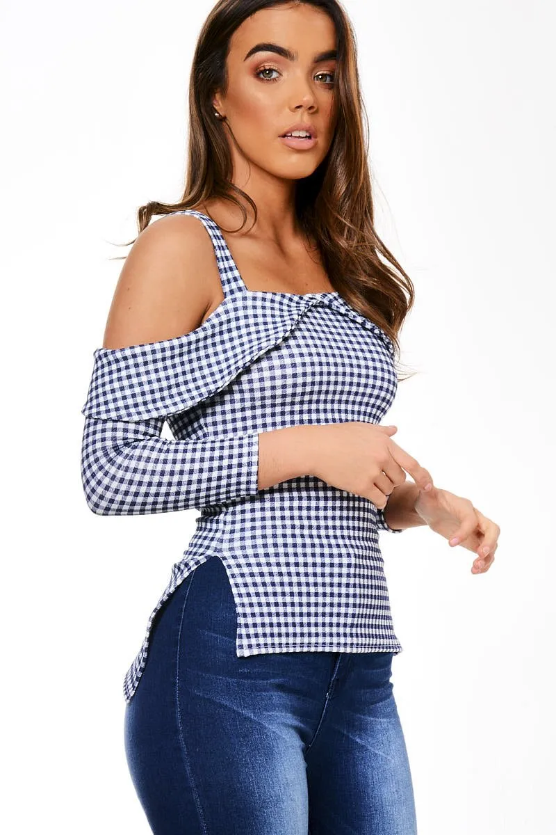 Blue Cut Shoulder Checked Top - Lucie
