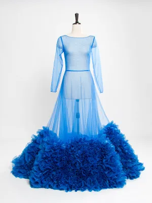 Blue Long Sleeve Mermaid Maternity Dress Crew Neck See Through Sexy Party Dress