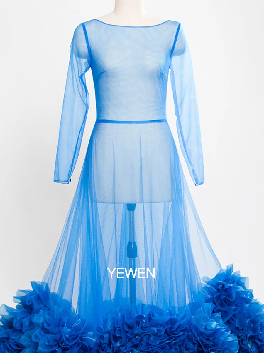 Blue Long Sleeve Mermaid Maternity Dress Crew Neck See Through Sexy Party Dress