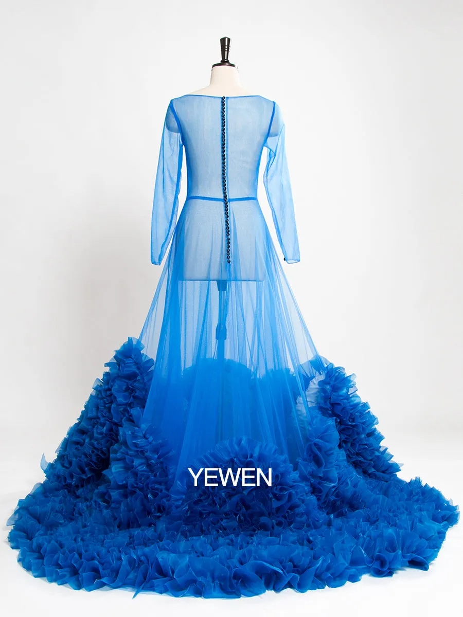 Blue Long Sleeve Mermaid Maternity Dress Crew Neck See Through Sexy Party Dress