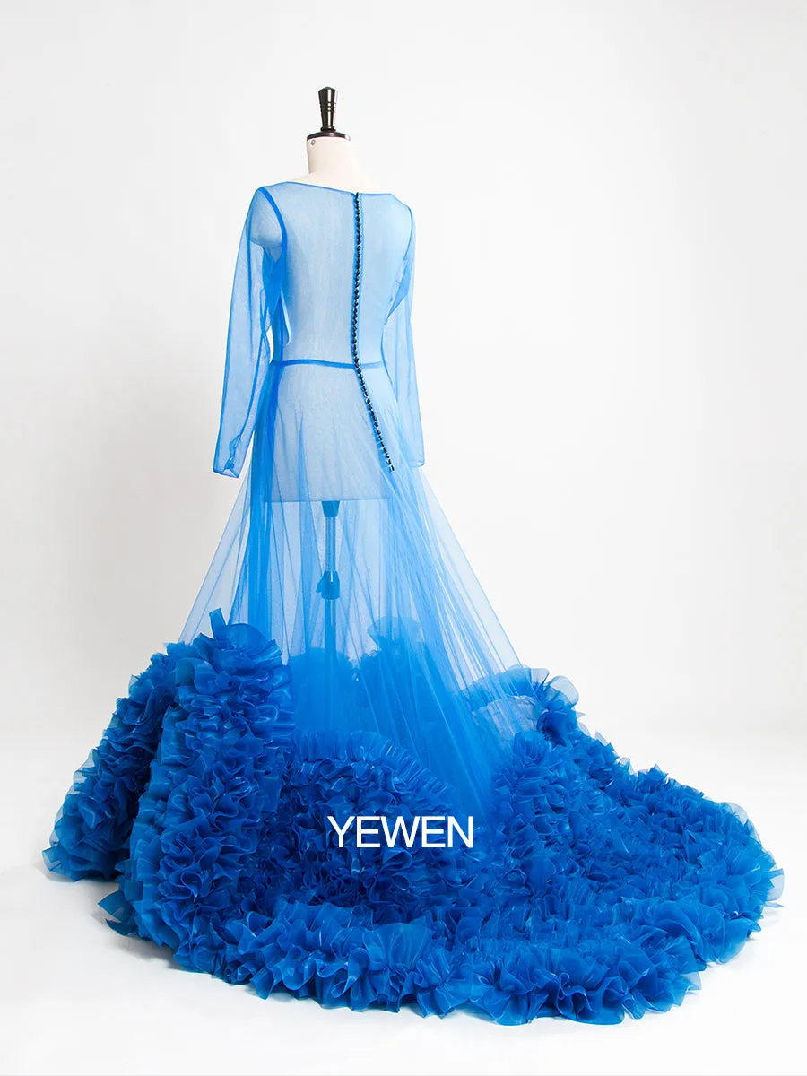 Blue Long Sleeve Mermaid Maternity Dress Crew Neck See Through Sexy Party Dress