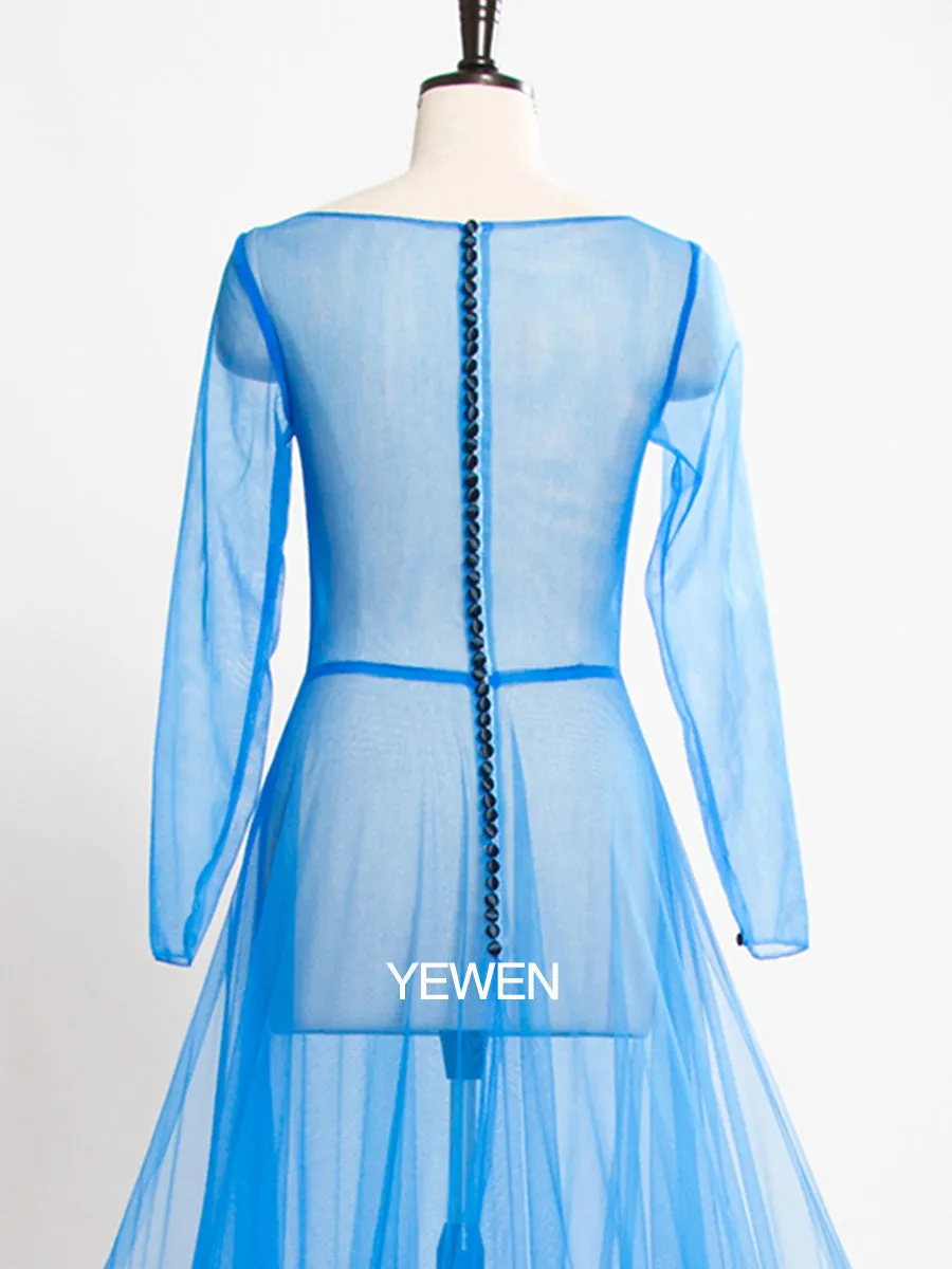 Blue Long Sleeve Mermaid Maternity Dress Crew Neck See Through Sexy Party Dress