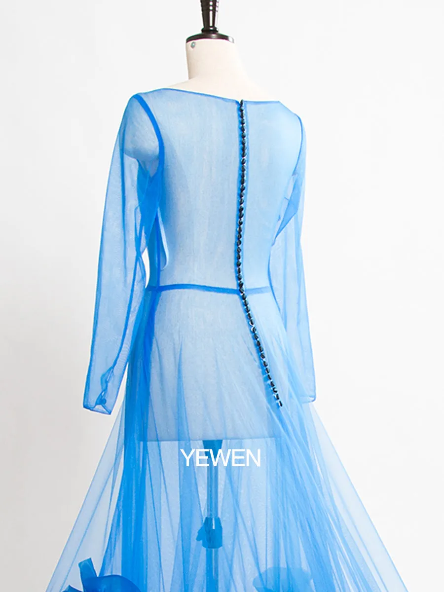 Blue Long Sleeve Mermaid Maternity Dress Crew Neck See Through Sexy Party Dress