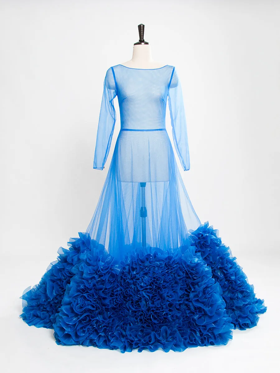 Blue Long Sleeve Mermaid Maternity Dress Crew Neck See Through Sexy Party Dress