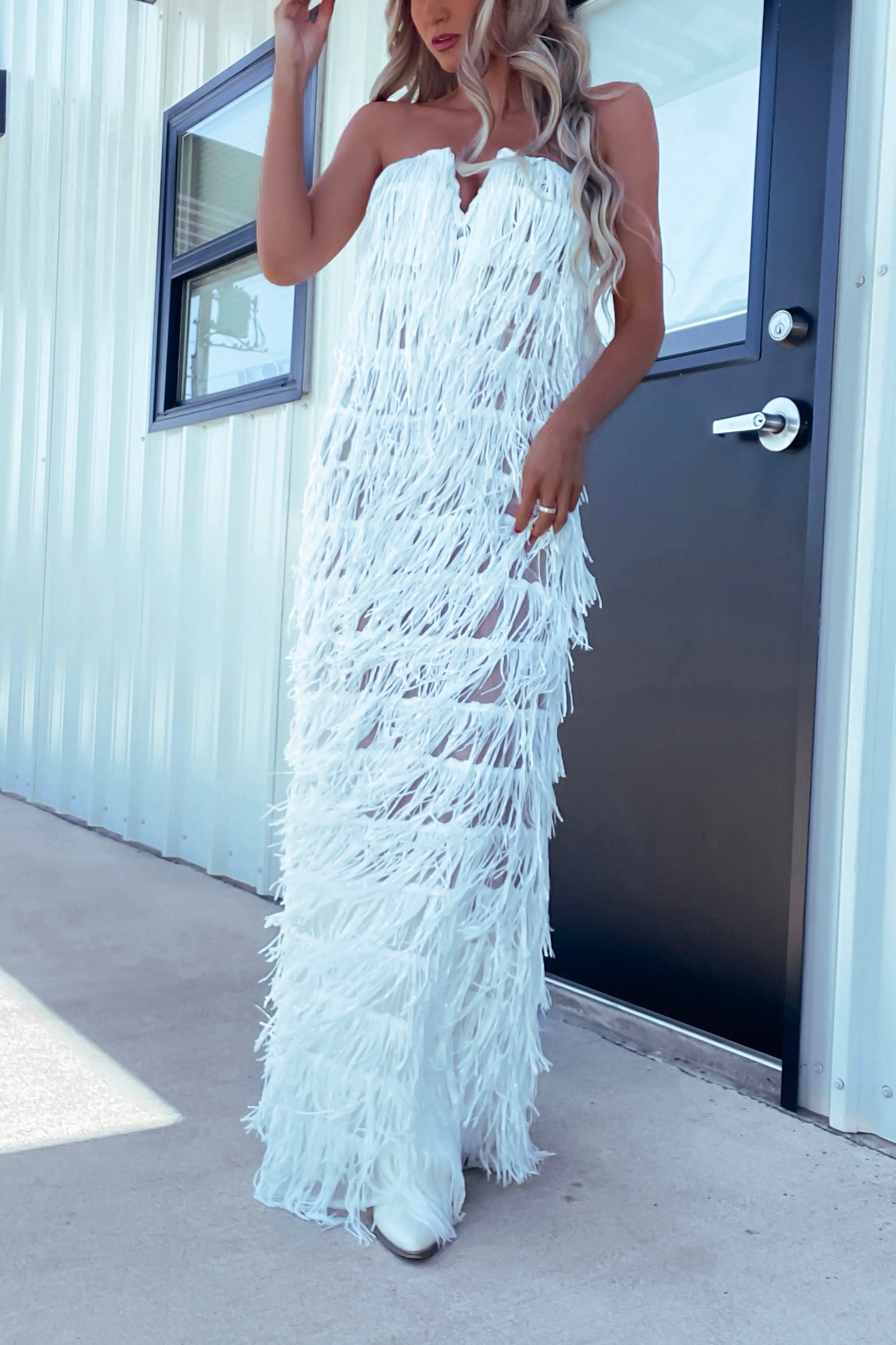 Bonnie Fringe Sequin Dress -White