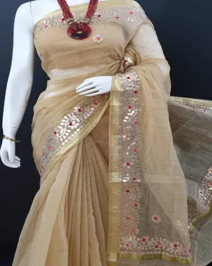 Brown Gota Work Kota Doria Saree