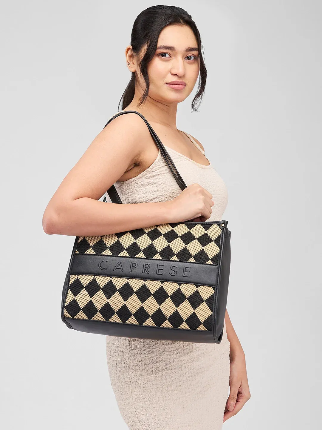 Caprese Checker Medium Black Tote Bag