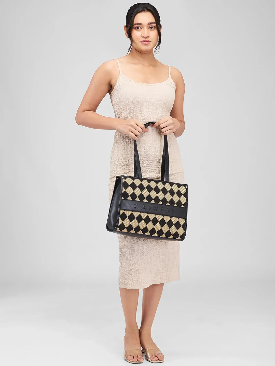 Caprese Checker Medium Black Tote Bag