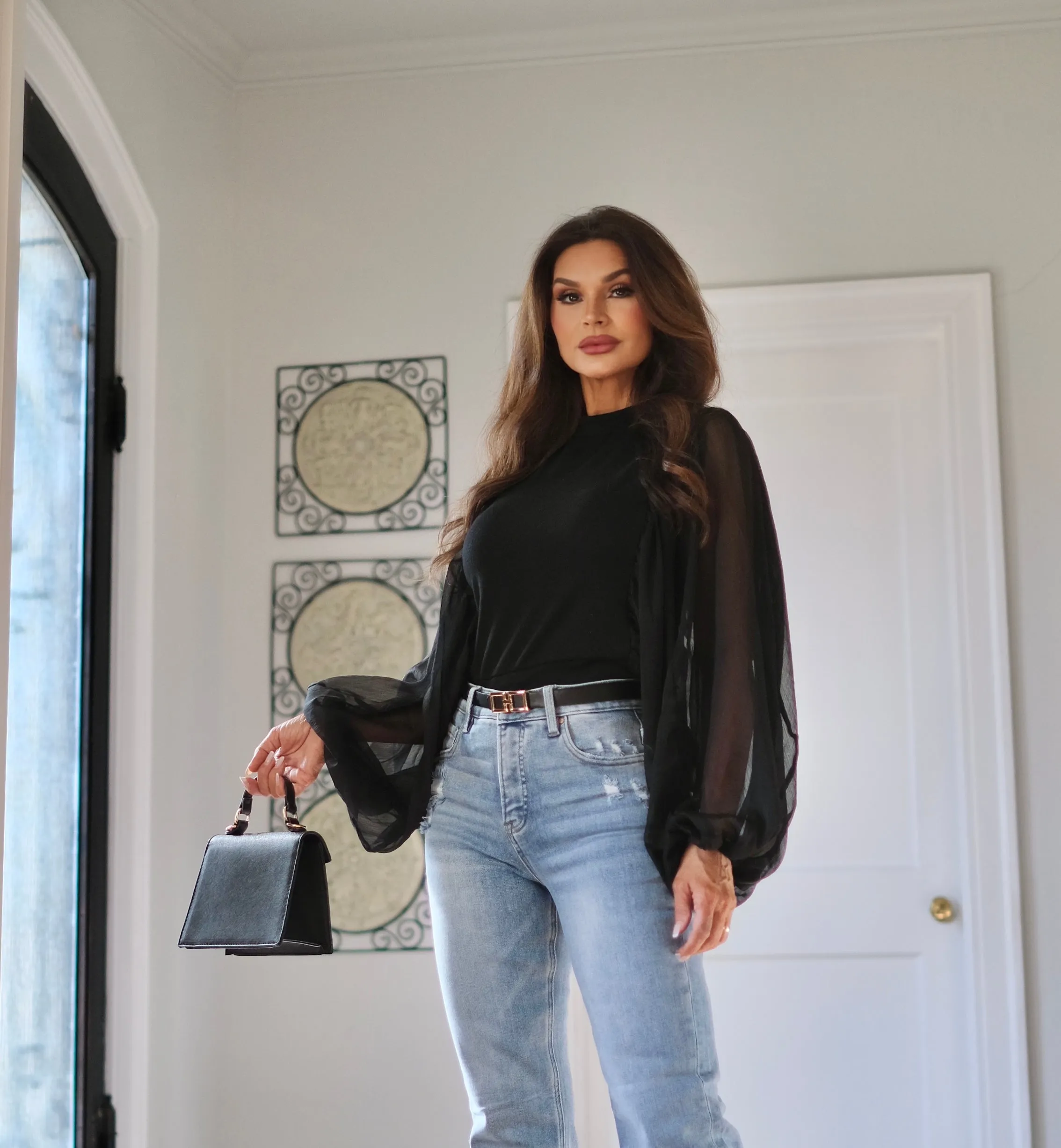 Carrie vintage black round neck drop shoulder textured long sleeve top