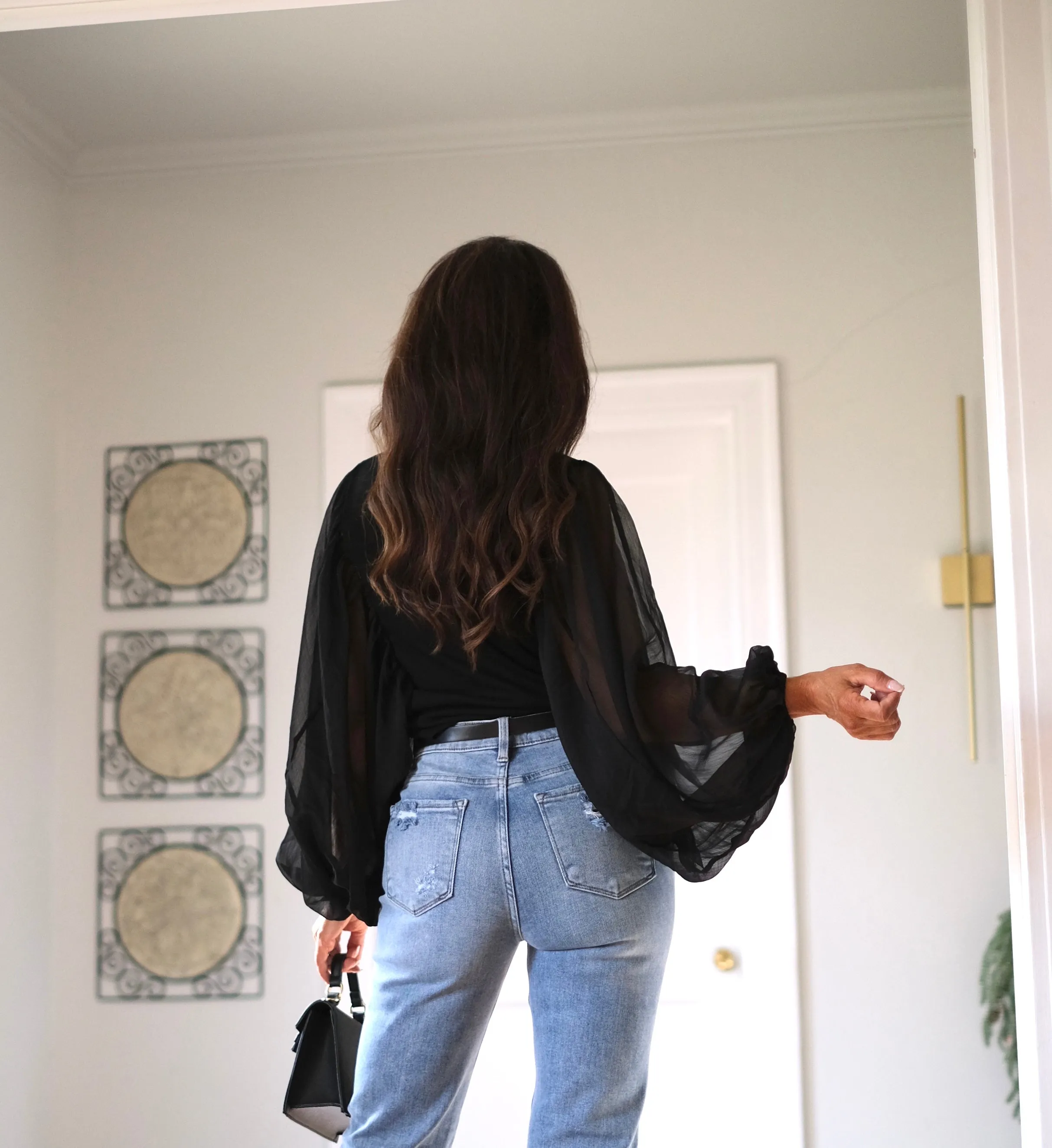 Carrie vintage black round neck drop shoulder textured long sleeve top