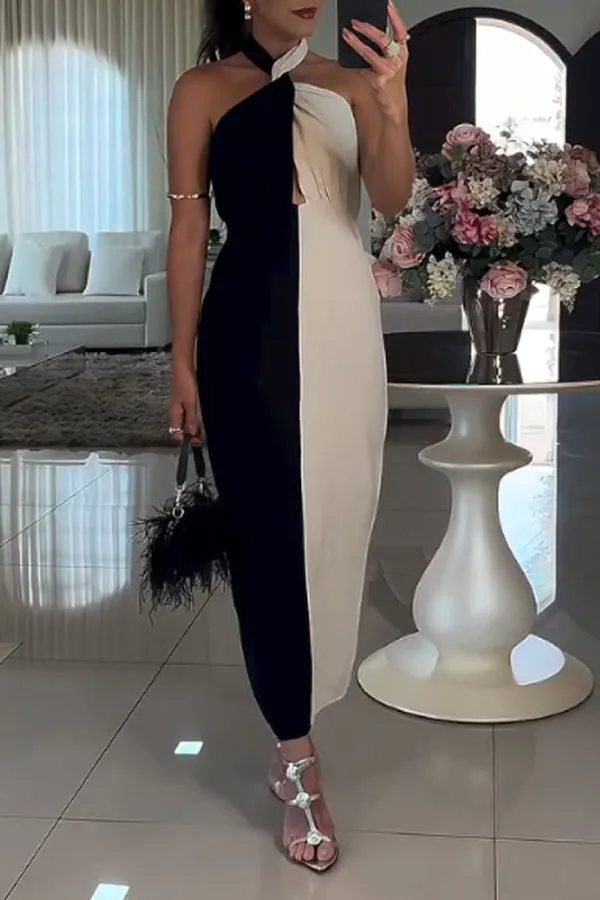 Casual Lace-up Colorblock Dress