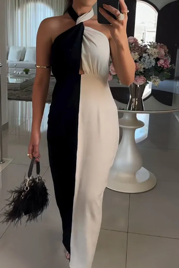Casual Lace-up Colorblock Dress