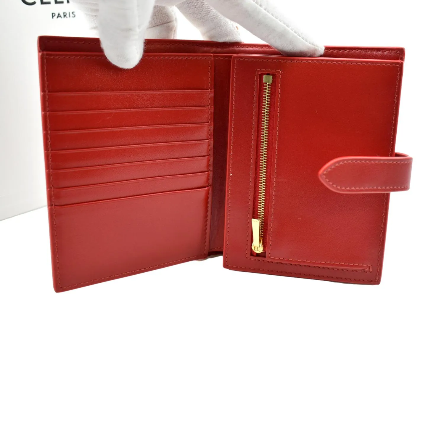 CELINE Medium Strap Grained Calfskin Leather Wallet Red